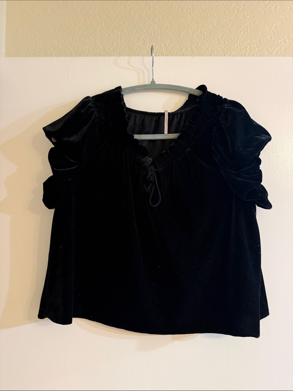 Free People Black Velvet Puff-Sleeve Women's Top